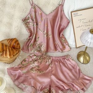 Floral Satin Pink Cami & Shorts Sleep Set